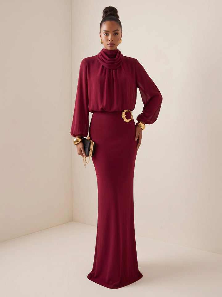 Chiffon Mermaid Cowl Neck Floor Length Sheer Sleeves Evening Dresses