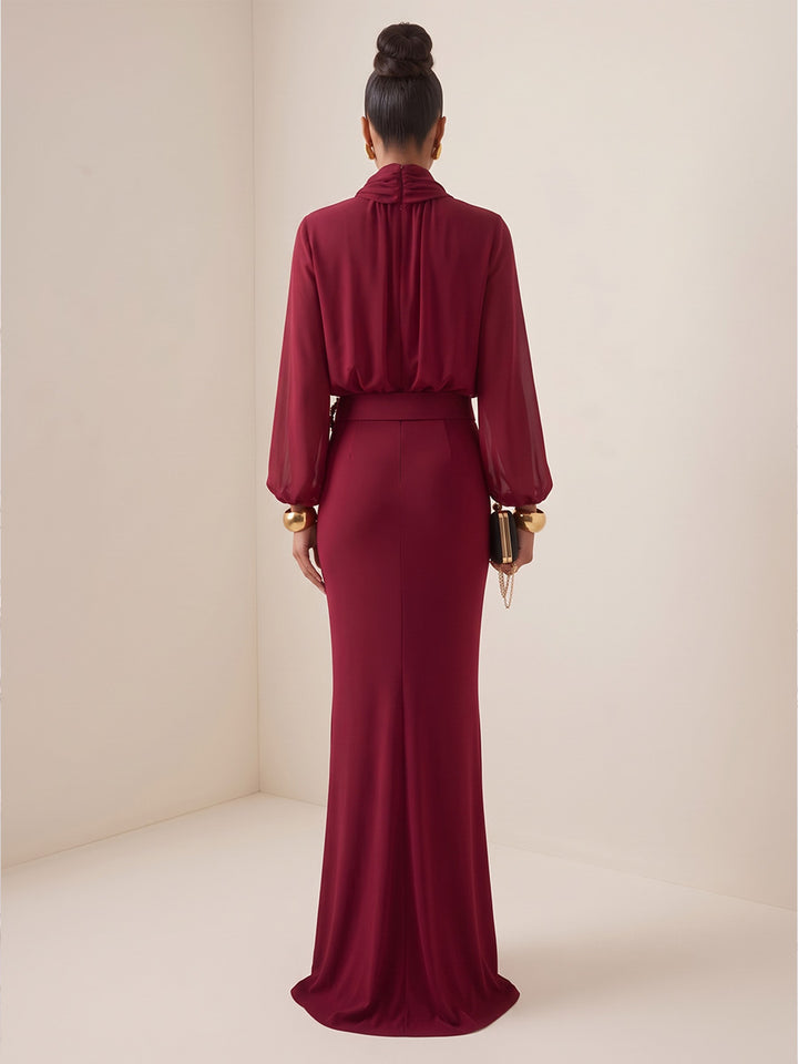Chiffon Mermaid Cowl Neck Floor Length Sheer Sleeves Evening Dresses