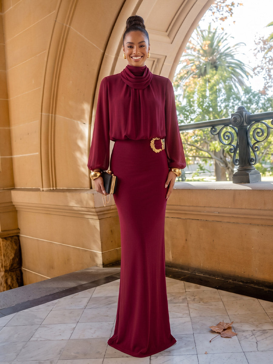 Chiffon Mermaid Cowl Neck Floor Length Sheer Sleeves Evening Dresses