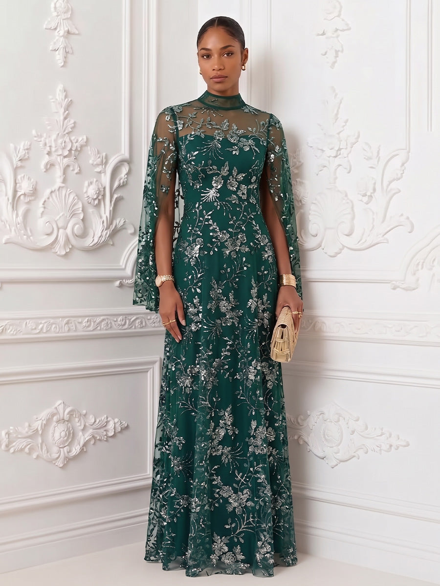 Tulle A Line High Neck Floor Length Sequin Embroidery Evening Dresses