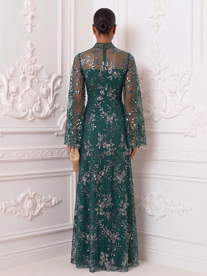 Tulle A Line High Neck Floor Length Sequin Embroidery Evening Dresses