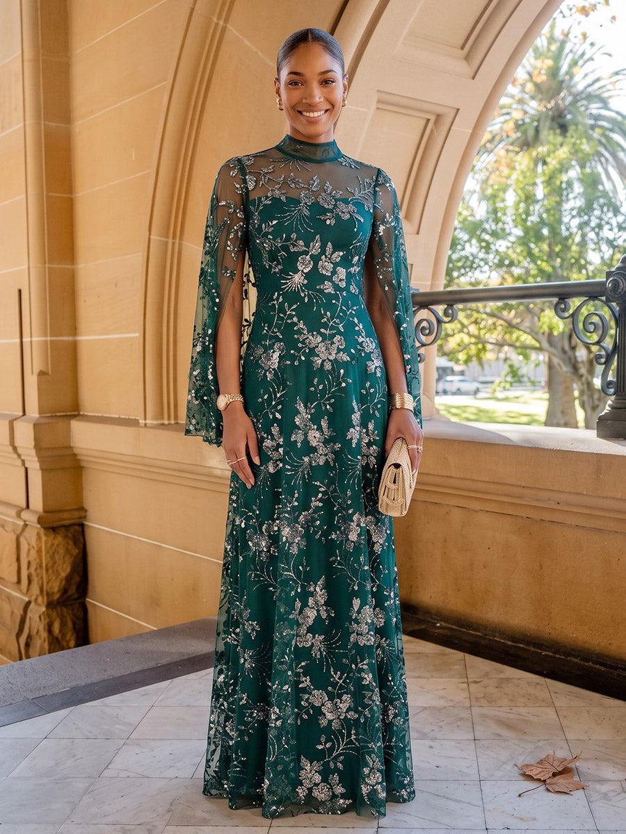 Tulle A Line High Neck Floor Length Sequin Embroidery Evening Dresses
