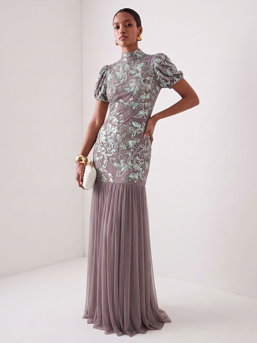 Tulle Mesh Sheath High Neck Floor Length Puff Sleeve Evening Dresses