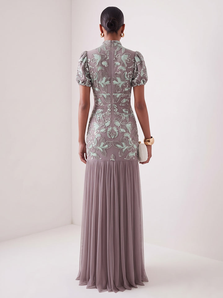 Tulle Mesh Sheath High Neck Floor Length Puff Sleeve Evening Dresses