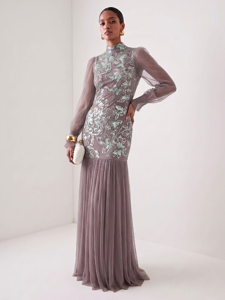 Tulle Mesh Sheath High Neck Floor Length Sheer Sleeves Evening Dresses