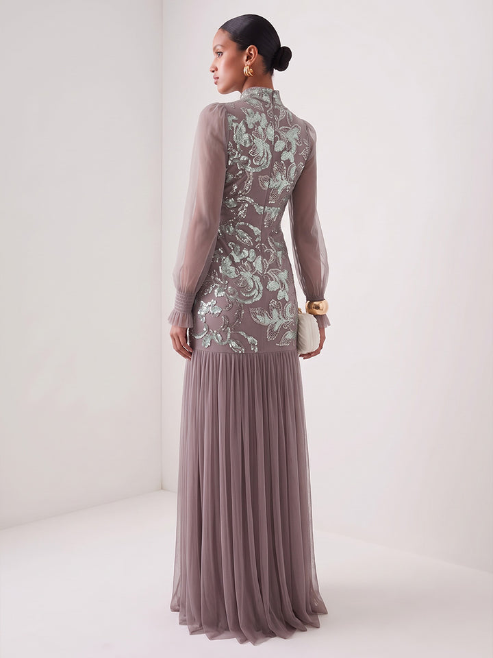 Tulle Mesh Sheath High Neck Floor Length Sheer Sleeves Evening Dresses