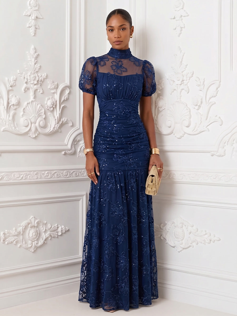 Tulle A Line High Neck Floor Length Sequin Embroidery Evening Dresses
