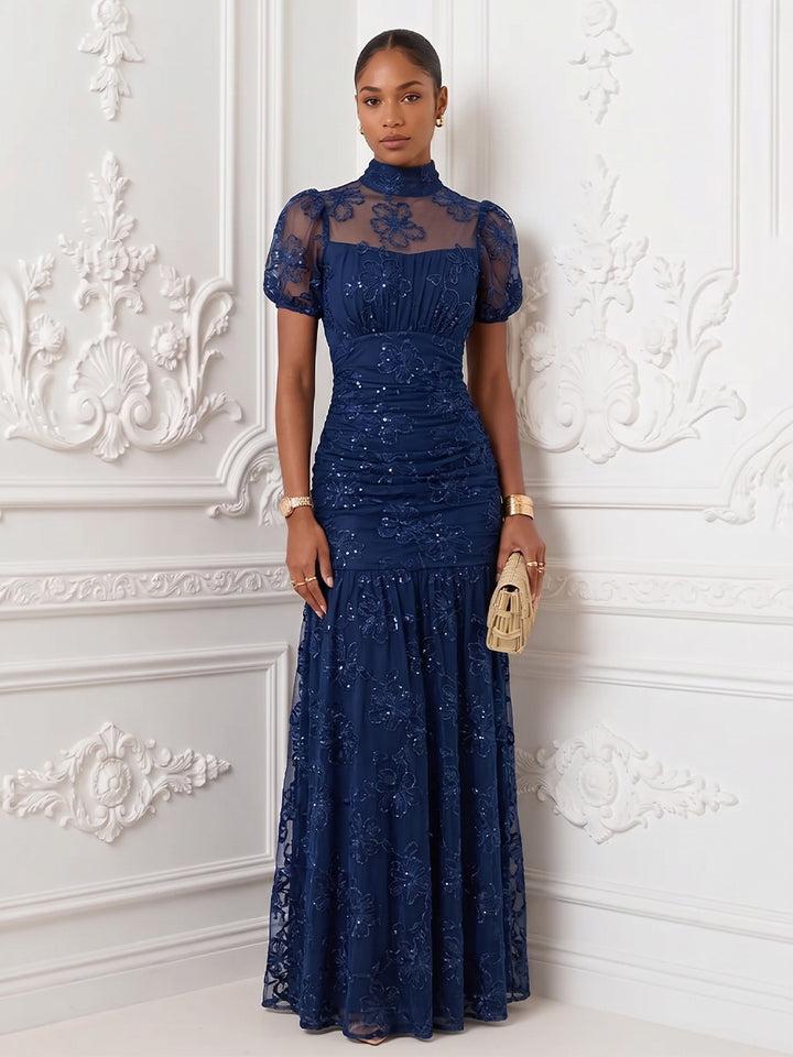 Tulle A Line High Neck Floor Length Sequin Embroidery Evening Dresses