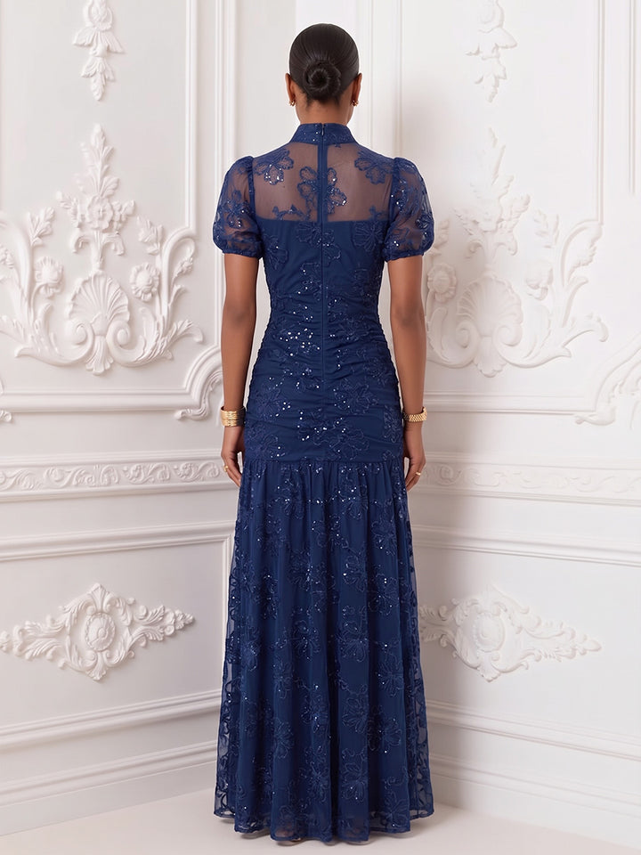Tulle A Line High Neck Floor Length Sequin Embroidery Evening Dresses