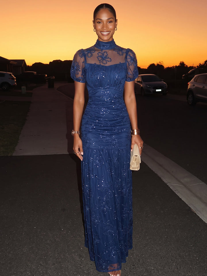 Tulle A Line High Neck Floor Length Sequin Embroidery Evening Dresses