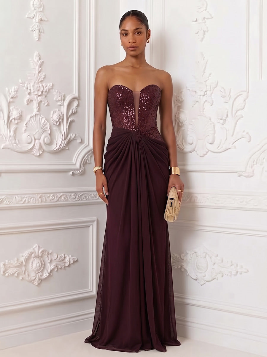 Sequin Sheath Strapless Floor Length Deep V Neck Evening Dresses