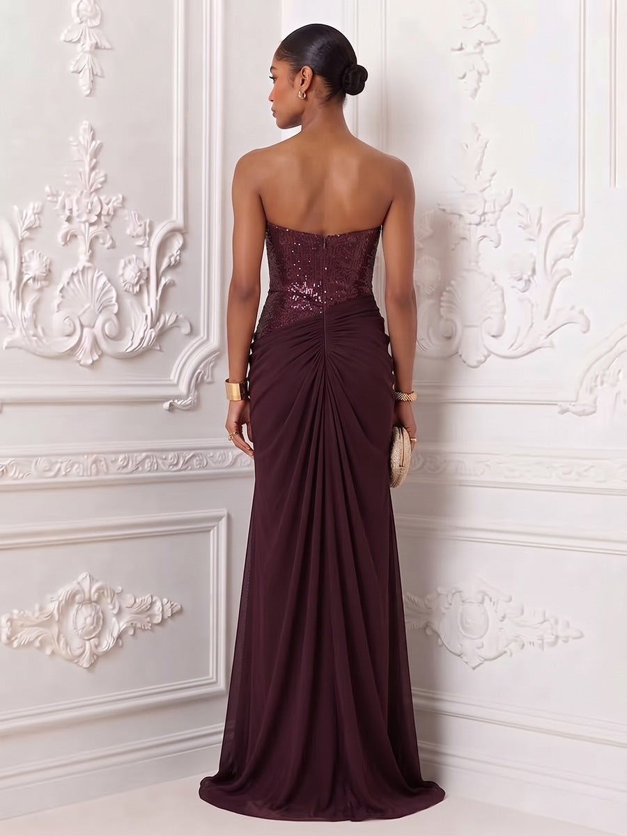 Sequin Sheath Strapless Floor Length Deep V Neck Evening Dresses