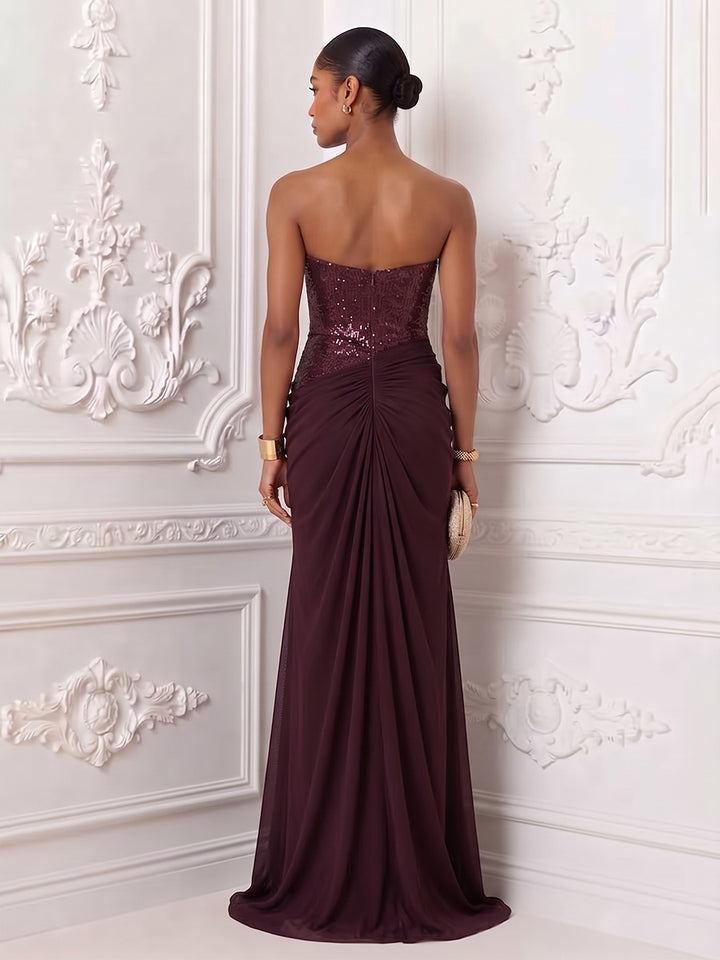 Sequin Sheath Strapless Floor Length Deep V Neck Evening Dresses