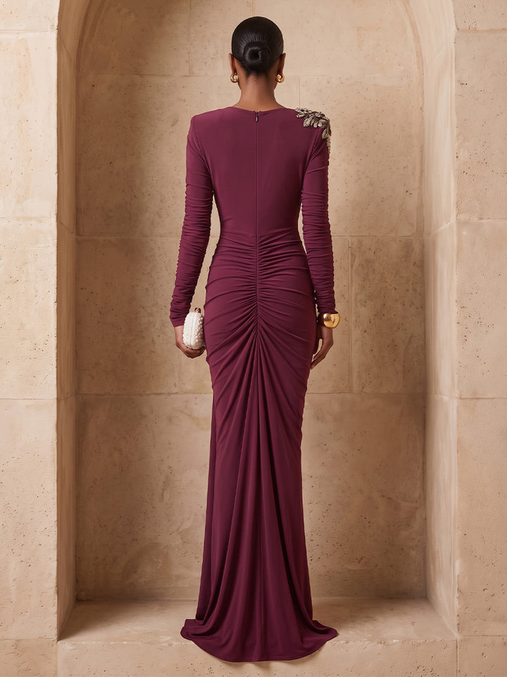 Stretch Mesh Sheath Cowl Neck Floor Length Ruched Evening Dresses