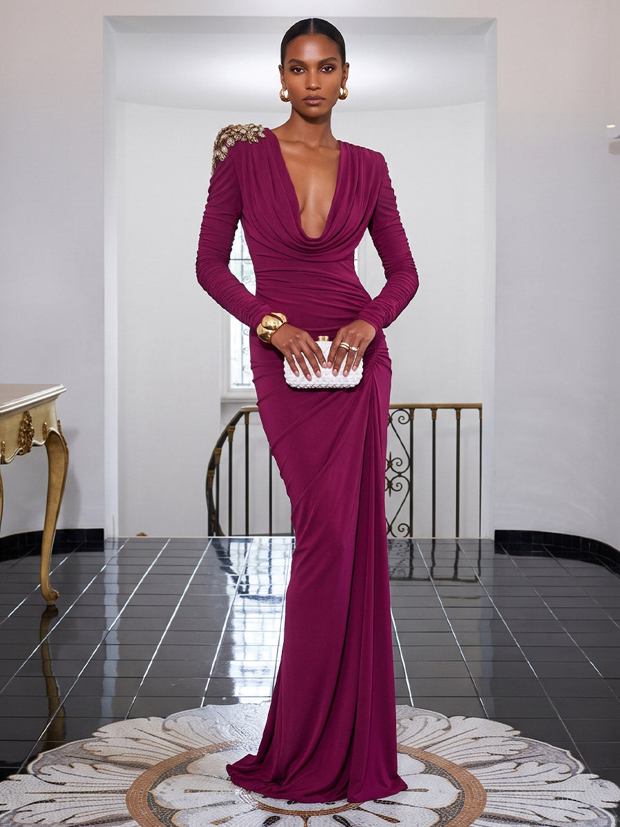 Stretch Mesh Sheath Cowl Neck Floor Length Ruched Evening Dresses