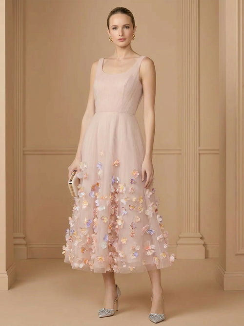 Tulle A Line Spaghetti Straps Tea Length Cocktail Dresses