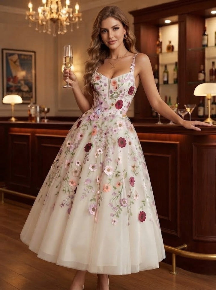Tulle A Line Spaghetti Straps Tea Length Cocktail Dresses