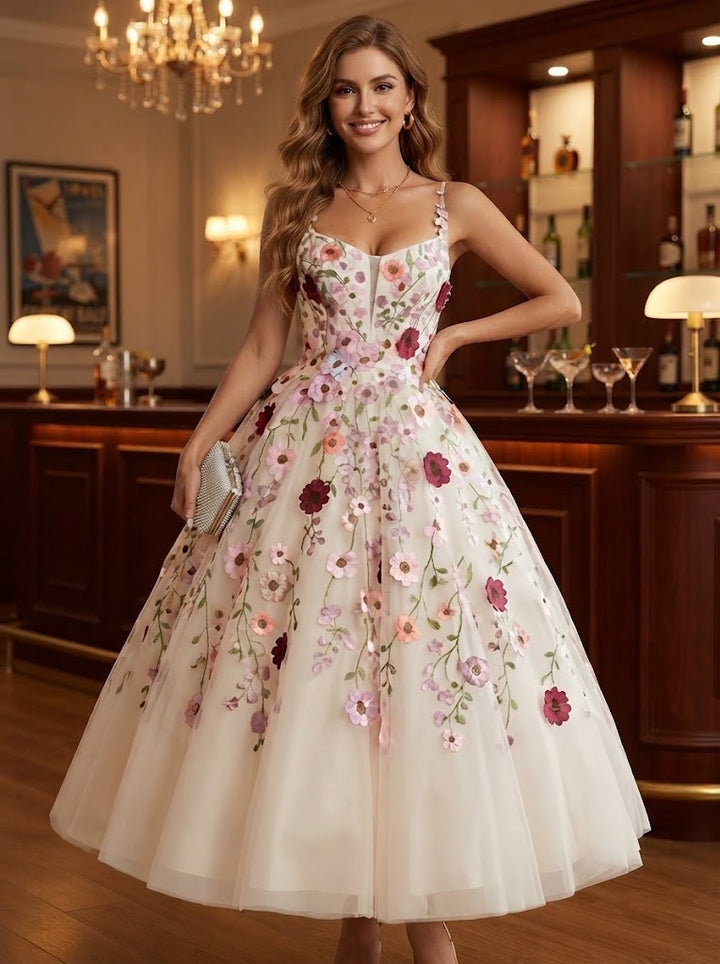 Tulle A Line Spaghetti Straps Tea Length Cocktail Dresses