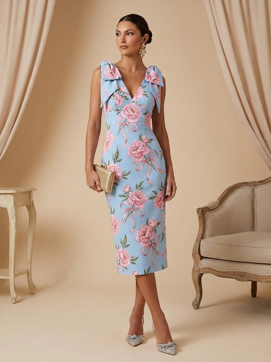 Satin Sheath V Neck Tea Length Cocktail Dresses