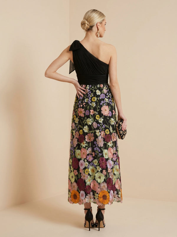 Embroidered A Line One Shoulder Tea Length Cocktail Dresses
