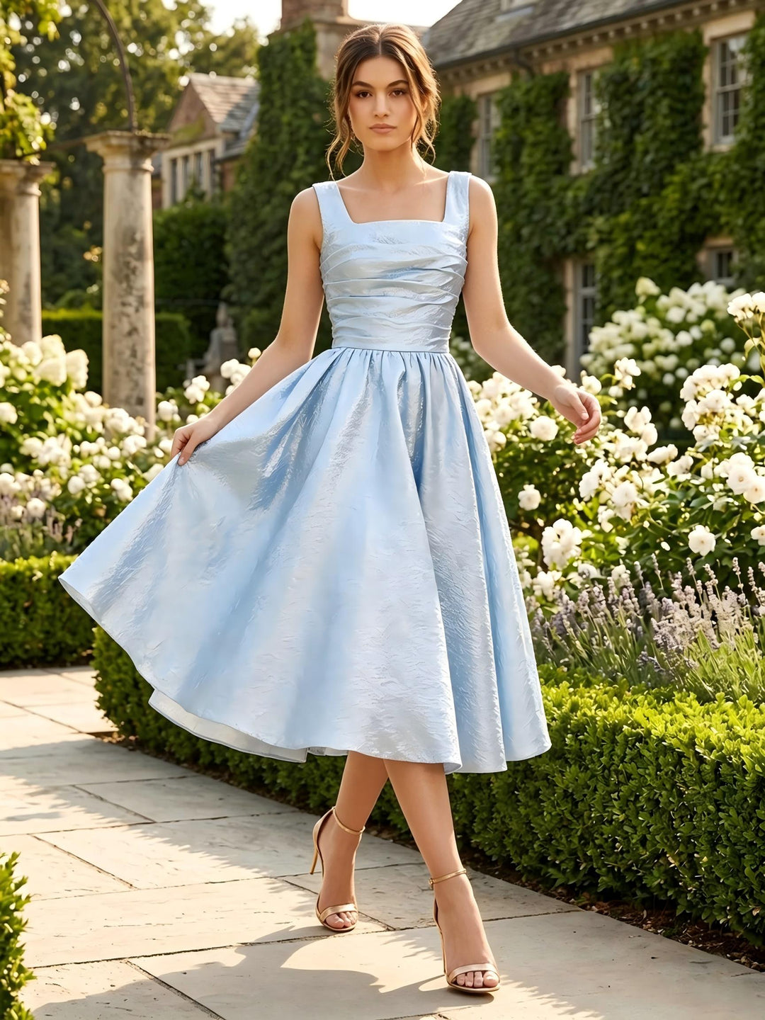 Metallic Satin A Line Square Neck Corset Pleats Cocktail Dresses