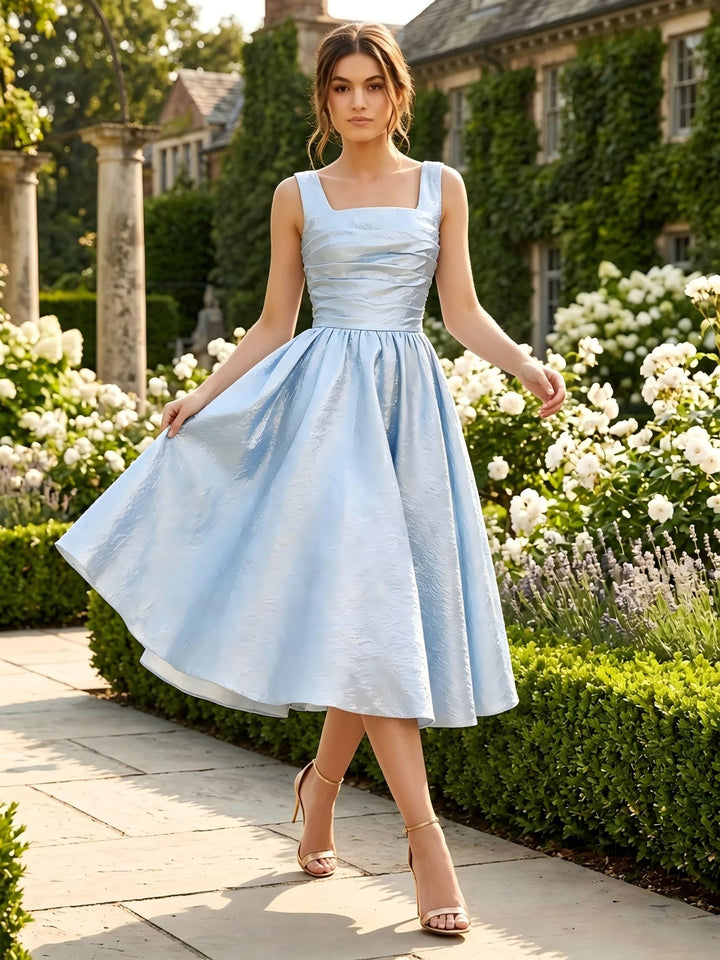 Metallic Satin A Line Square Neck Corset Pleats Cocktail Dresses