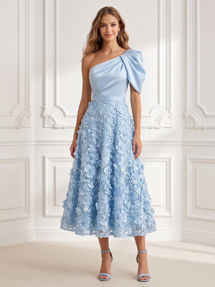 Tulle A Line One Shoulder Floral Appliques Structured Waist Cocktail Dresses