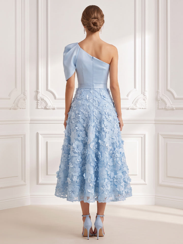 Tulle A Line One Shoulder Floral Appliques Structured Waist Cocktail Dresses
