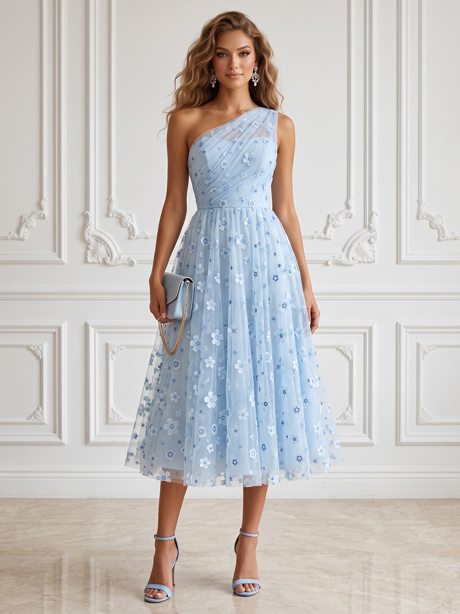 Tulle A Line One Shoulder Floral Appliques Cocktail Dresses
