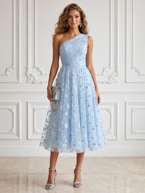 Tulle A Line One Shoulder Floral Appliques Cocktail Dresses