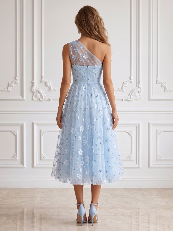 Tulle A Line One Shoulder Floral Appliques Cocktail Dresses