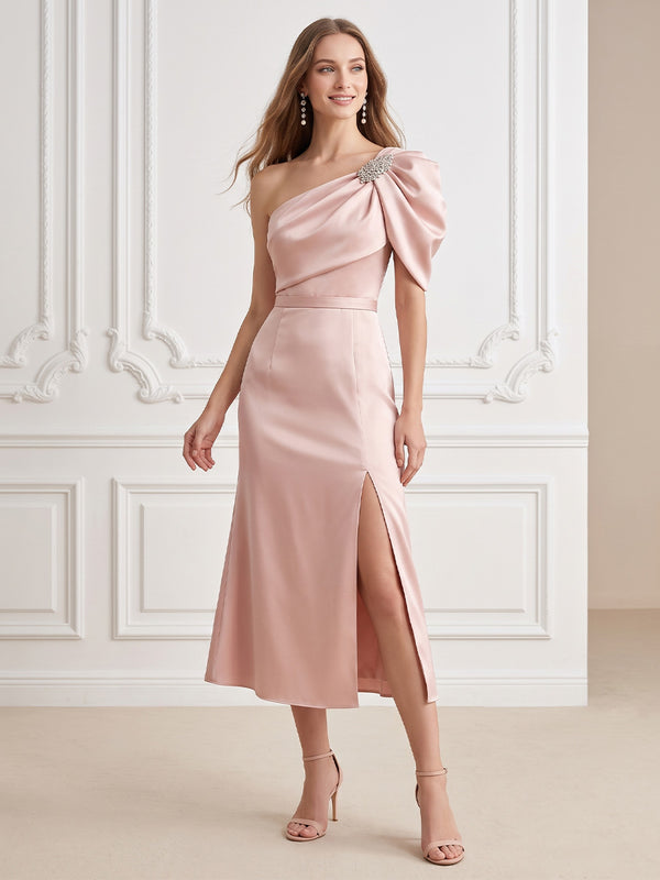 Satin A Line One Shoulder Side Slit Cocktail Dresses