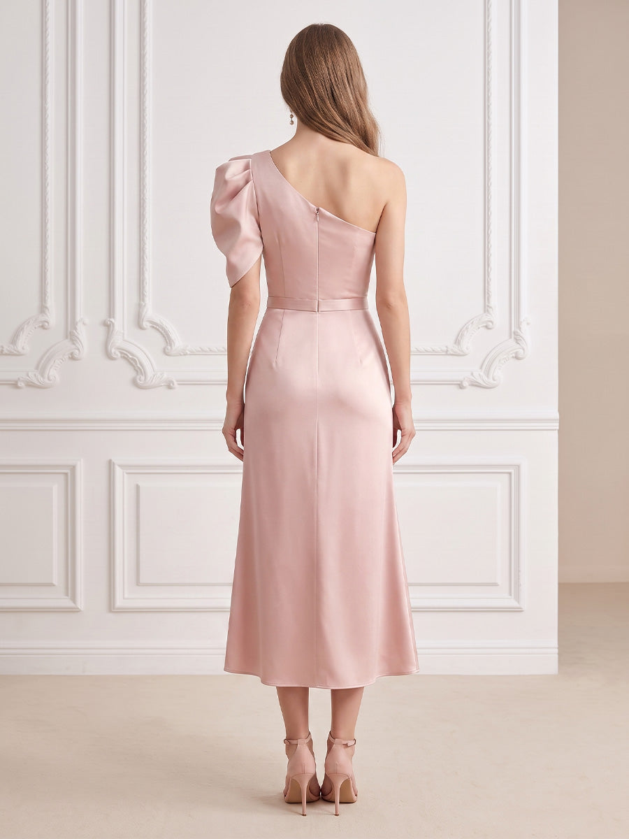 Satin A Line One Shoulder Side Slit Cocktail Dresses