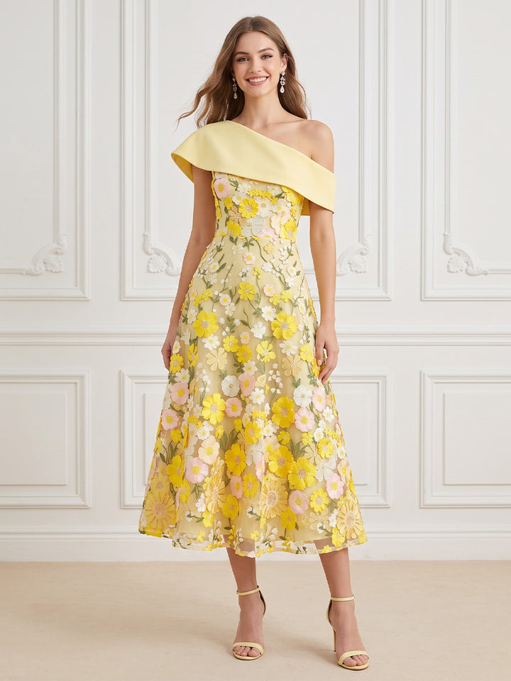 Tulle A Line One Shoulder Floral Embroidery Cocktail Dresses