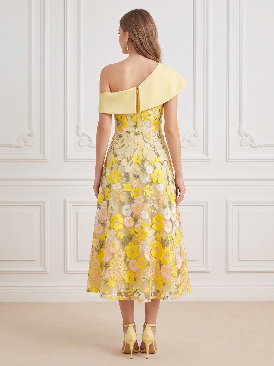 Tulle A Line One Shoulder Floral Embroidery Cocktail Dresses