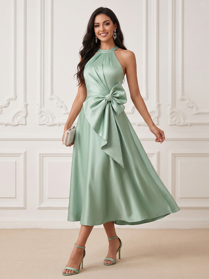 Satin A Line Halter Waist Bow Cocktail Dresses