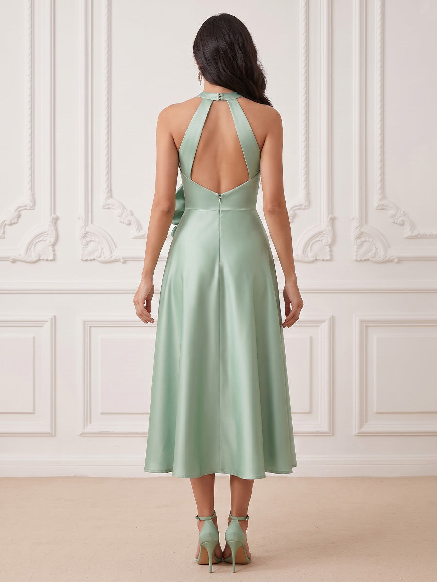 Satin A Line Halter Waist Bow Cocktail Dresses