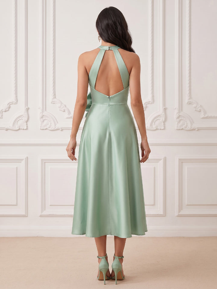 Satin A Line Halter Waist Bow Cocktail Dresses