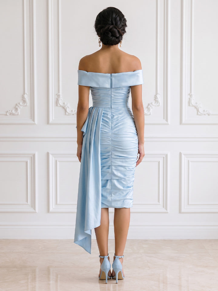 Satin Mermaid Off the Shoulder Ruched Bodice Ruched Waist Cocktail Dresses
