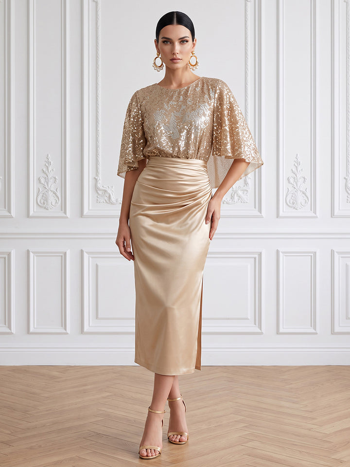 Sequin Sheath Jewel Neck Tea Length Ruffles Sleeves with Cape Cocktail Dresses