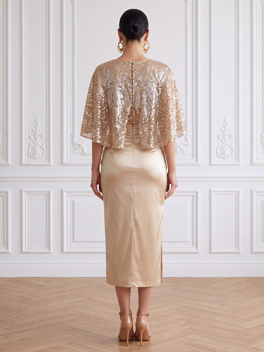 Sequin Sheath Jewel Neck Tea Length Ruffles Sleeves with Cape Cocktail Dresses