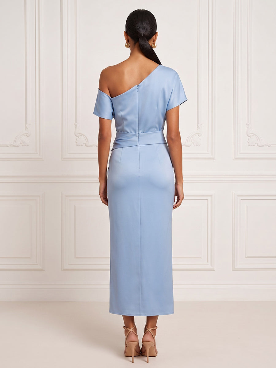 Satin Sheath One Shoulder Tea Length Ruched Waist Cocktail Dresses