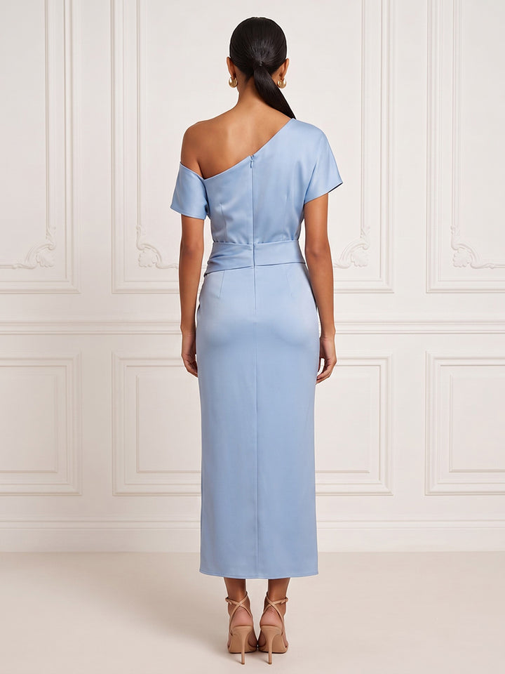 Satin Sheath One Shoulder Tea Length Ruched Waist Cocktail Dresses