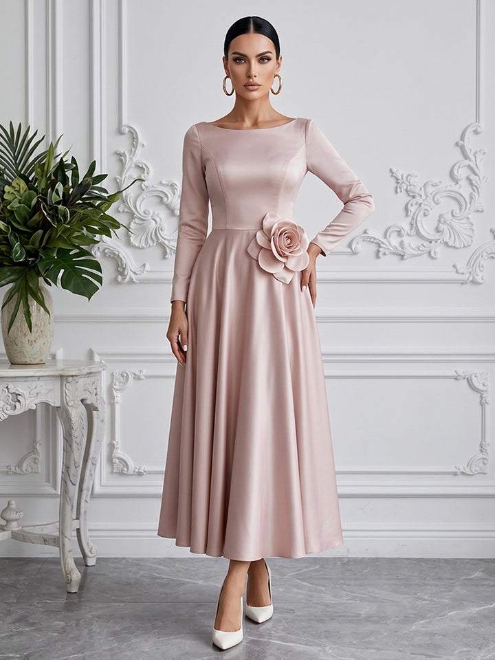 Satin A Line Jewel Neck Ankle Length with 3D Flowers Cocktail Dresses