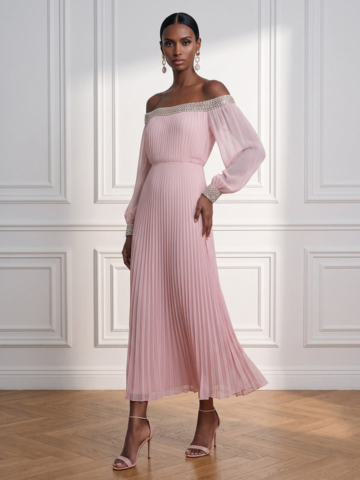 Chiffon A Line Off the Shoulder Ankle Length Pleats Cocktail Dresses
