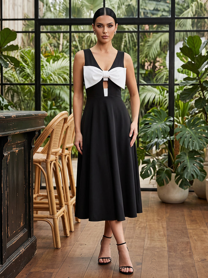 Satin A Line V Neck Tea Length Cut Out Cocktail Dresses