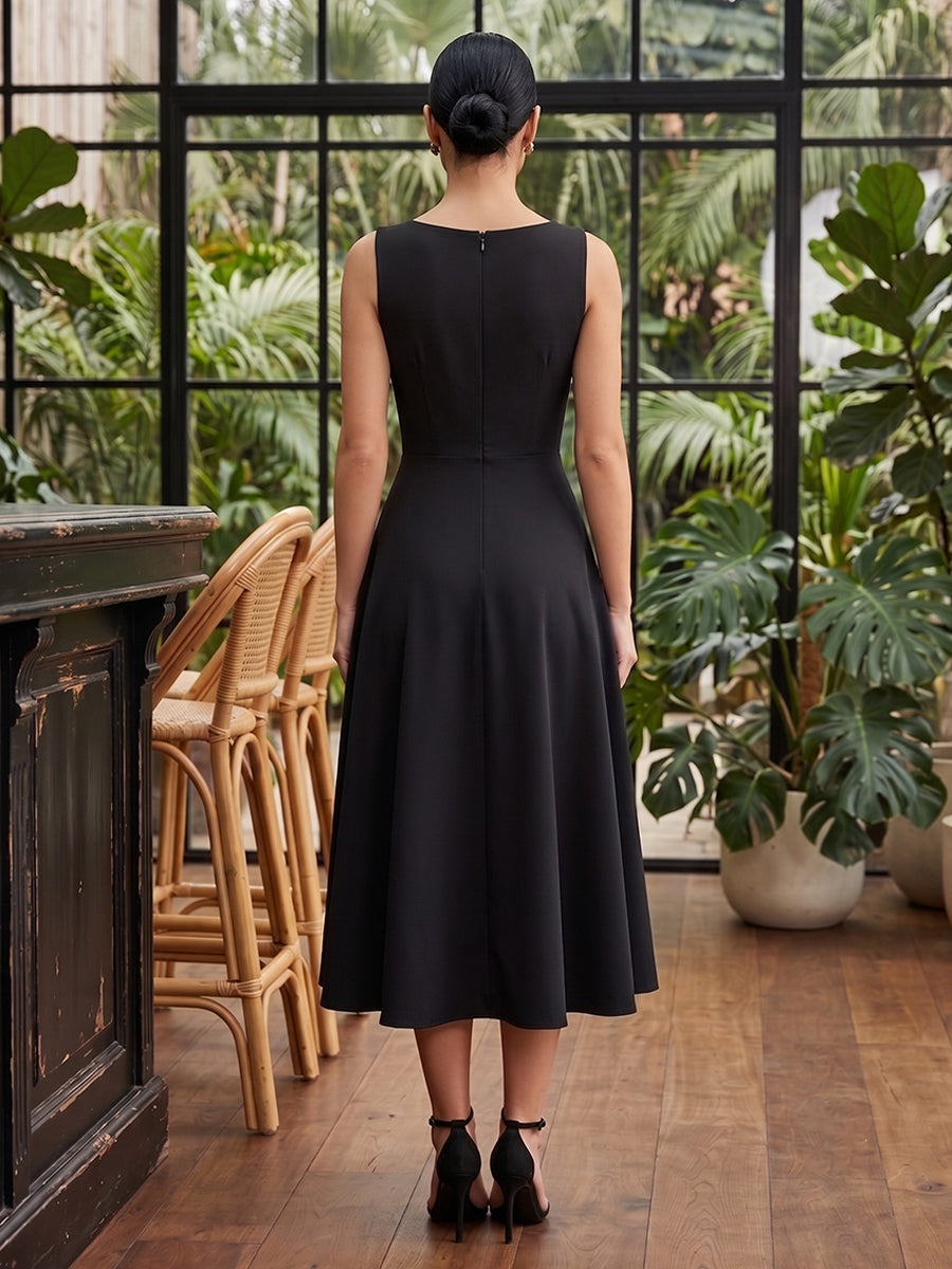 Satin A Line V Neck Tea Length Cut Out Cocktail Dresses