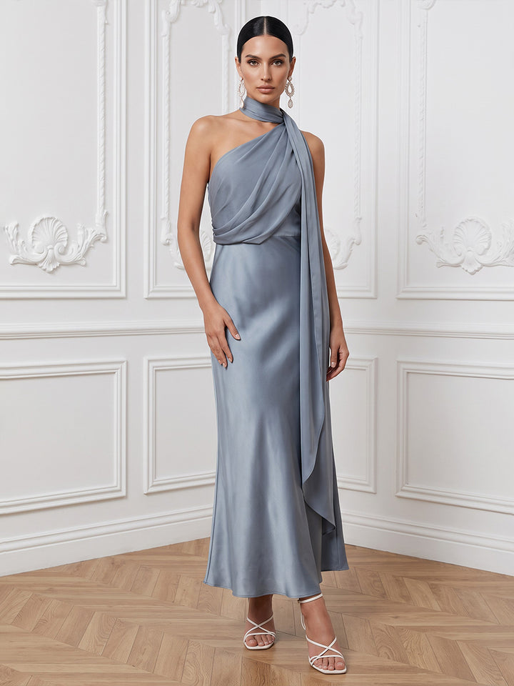 Satin Sheath One Shoulder Ankle Length Ruched Cocktail Dresses
