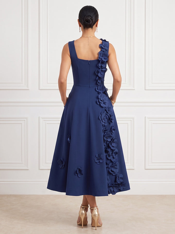 Satin A Line Square Neck Tea Length Fitted Waist Cocktail Dresses
