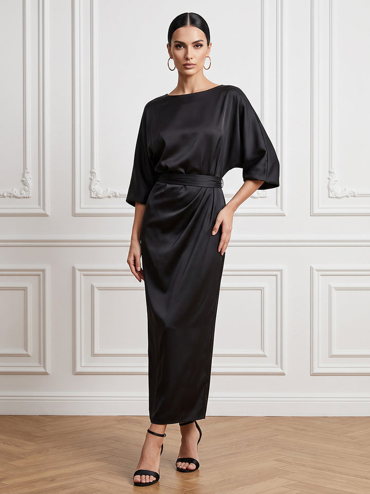 Satin Sheath Jewel Neck Ankle Length Ruched Waist Cocktail Dresses